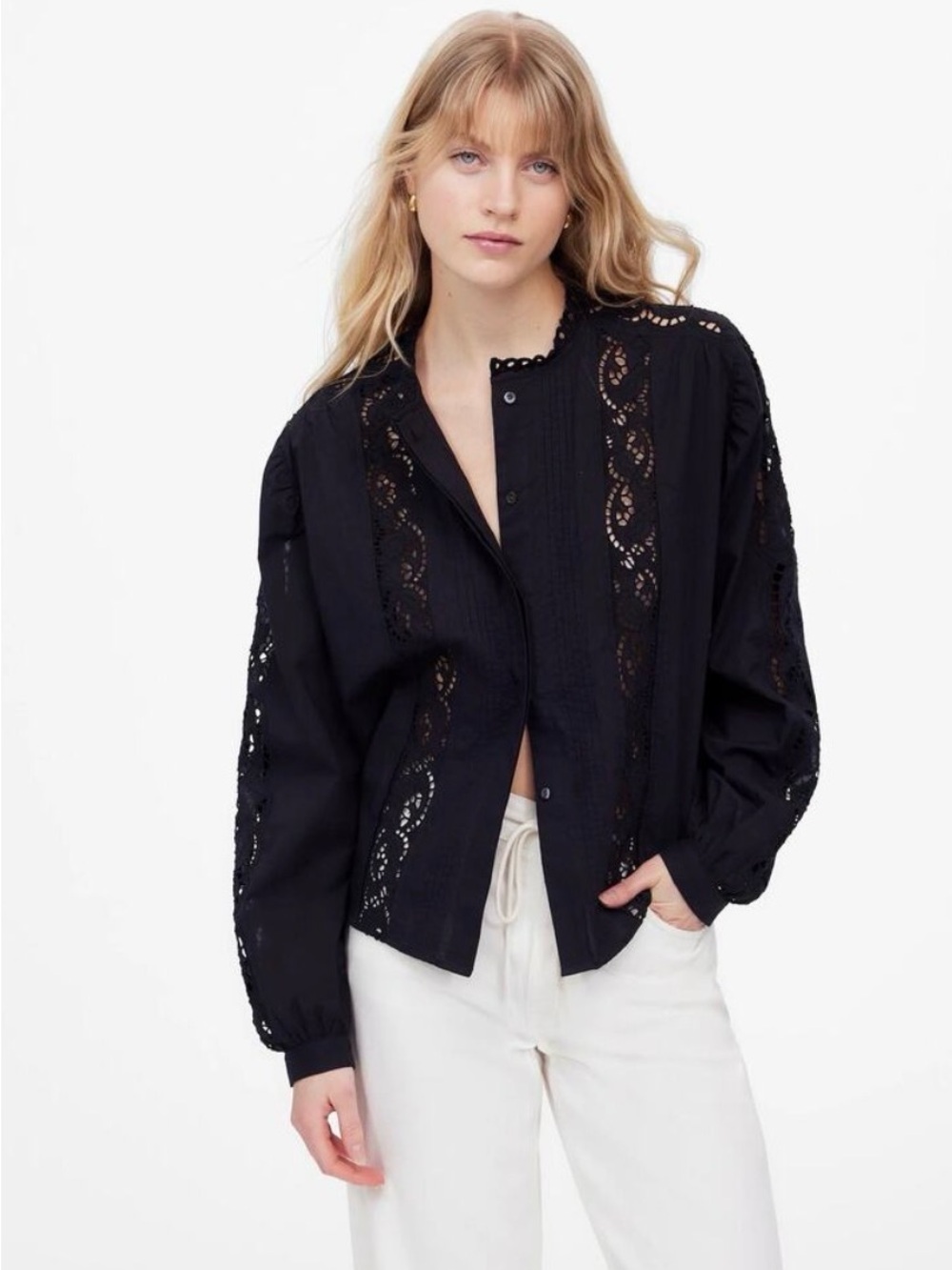 Madewell Black Eyelet Lace Button-Front Blouse